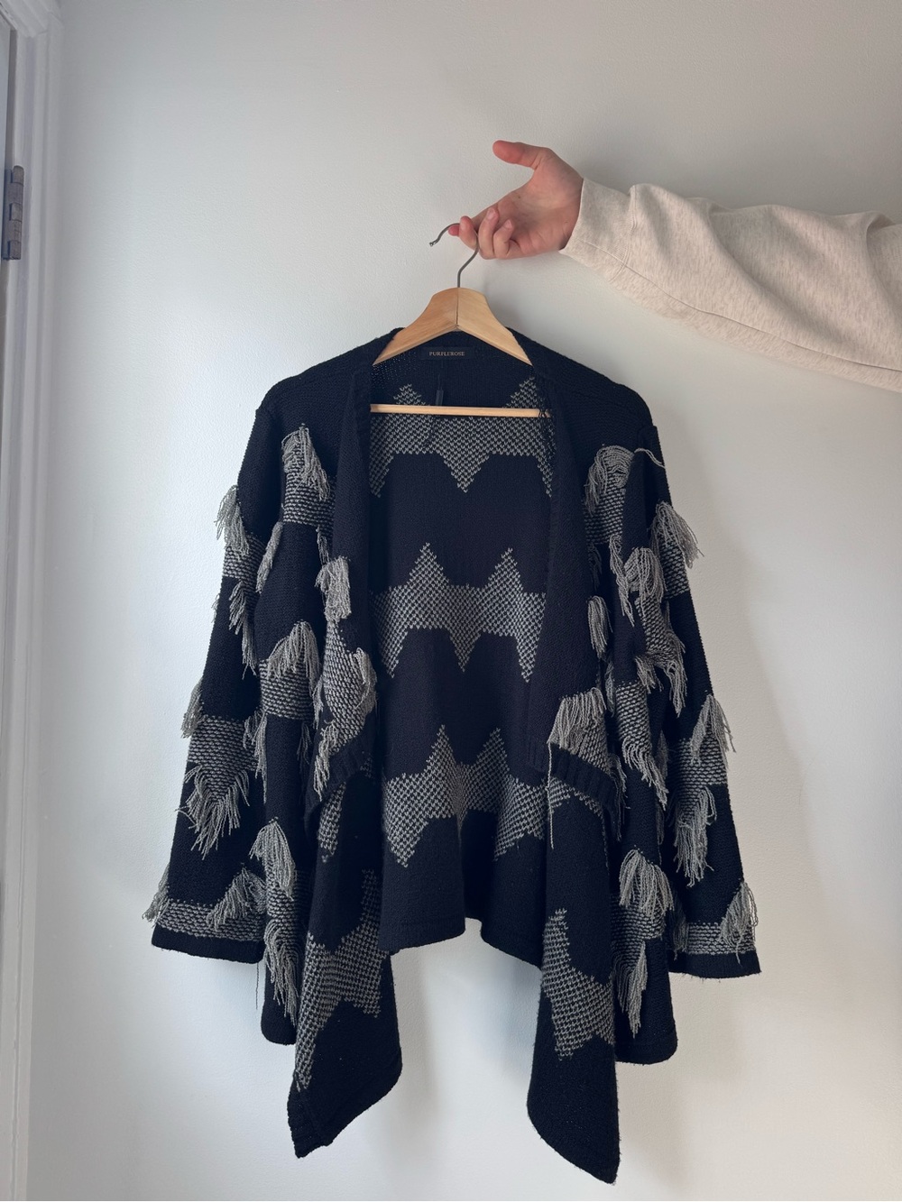 Open-Front Black & Gray Fringe Knit Cardigan